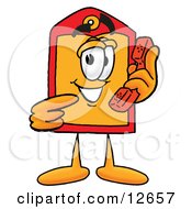 Price Tag Mascot Cartoon Character Holding A Telephone