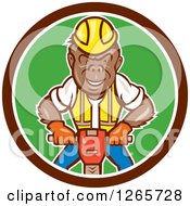 Cartoon Gorilla Construction Worker Operating A Jackhammer In A Brown White And Green Circle