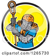 Clipart Of A Cartoon Gorilla Lacrosse Player In A Black White And Yellow Circle Royalty Free Vector Illustration