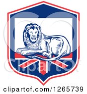 Clipart Of A Retro Male Lion Resting On A British Flag In A Shield Royalty Free Vector Illustration