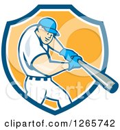Poster, Art Print Of Cartoon White Male Baseball Player Batting In A Blue White And Yellow Shield