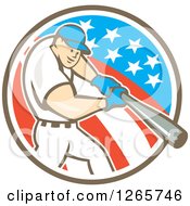Clipart Of A Retro Cartoon White Male Baseball Player Batting In An American Circle Royalty Free Vector Illustration