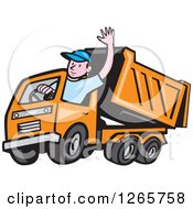 Poster, Art Print Of Cartoon White Male Dump Truck Driver Waving