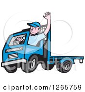 Poster, Art Print Of Cartoon White Male Flatbed Truck Driver Waving