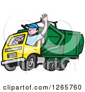 Clipart Of A Cartoon White Male Garbage Truck Driver Waving Royalty Free Vector Illustration