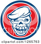 Clipart Of A Retro Skull Wearing A Beret Hat In A Blue White And Red Circle Royalty Free Vector Illustration