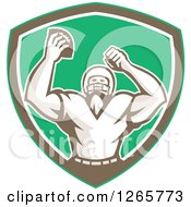 Retro Cheering American Football Player In A Green Brown And White Shield
