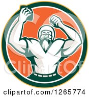 Retro Cheering American Football Player In A Yellow Green White And Orange Circle