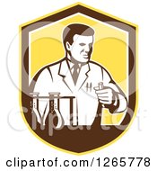 Poster, Art Print Of Retro Scientist Working With Lab Equipment In A Yellow Brown And White Shield