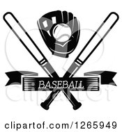 Clipart Of A Black And White Baseball In A Glove Over Crossed Bats And A Text Banner Royalty Free Vector Illustration