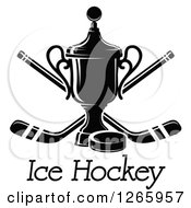 Poster, Art Print Of Black And White Trophy With A Hockey Puck And Crossed Sticks Over Text