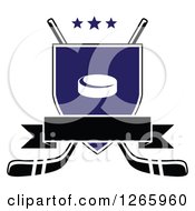 Poster, Art Print Of Blank Banner Over A Shield With A Hockey Puck And Crossed Hockey Sticks