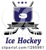 Clipart Of A Blank Banner Over A Shield With A Hockey Puck And Crossed Hockey Sticks And Text Royalty Free Vector Illustration