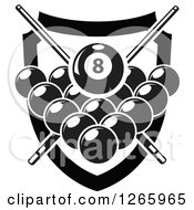 Poster, Art Print Of Black And White Billiards Pool Eight Ball And Crossed Cue Sticks Over Other Balls And A Shield
