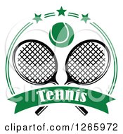 Poster, Art Print Of Tennis Ball Over Crossed Rackets In A Green Circle With Stars And A Text Banner