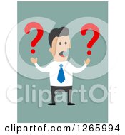 Poster, Art Print Of Caucasian Businessman Holding Question Marks On Green