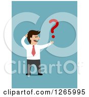 Poster, Art Print Of Caucasian Businessman Holding A Question Mark On Blue