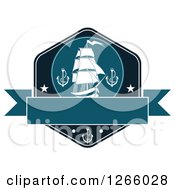 Clipart Of A Nautical Ship And Anchors Over A Blank Banner Royalty Free Vector Illustration