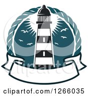Clipart Of A Nautical Lighthouse And Seagull Sunset Over A Blank Banner Royalty Free Vector Illustration