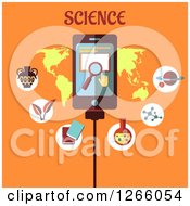 Poster, Art Print Of Tablet With Search Icons Over A Map With Science Text On Orange