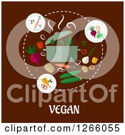 Clipart Of A Food Around A Pot In A Circle On Brown With Vegan Text Royalty Free Vector Illustration