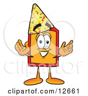 Clipart Picture Of A Price Tag Mascot Cartoon Character Wearing A Birthday Party Hat by Toons4Biz