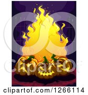 Poster, Art Print Of Trio Of Evil Carved Halloween Jackolantern Pumpkins And Flames Against A Wrought Iron Fence