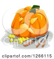 Clipart Of A Carved Halloween Jackolantern Pumpkin And Tools Royalty Free Vector Illustration by BNP Design Studio