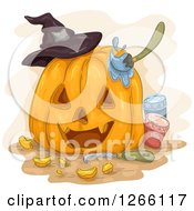 Poster, Art Print Of Carved Halloween Jackolantern Pumpkin With A Witch Hat Tool And Paints
