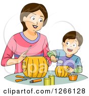 Poster, Art Print Of Brunette White Mom And Son Carving Halloween Pumpkins Together