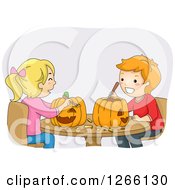 Poster, Art Print Of Clipart Of A  Caucasian Boy And Girl Carving Halloween Pumpkins Together Royalty Free Vector Illustration