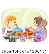 Poster, Art Print Of Clipart Of A  Caucasian Boy And Girl Painting Halloween Pumpkins Together Royalty Free Vector Illustration