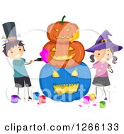 Poster, Art Print Of Caucasian Boy And Girl Stacking And Painting Carved Halloween Pumpkins