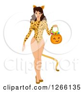 Clipart Of A Brunette Caucasian Woman Trick Or Treating In A Sexy Jaguar Costume Royalty Free Vector Illustration
