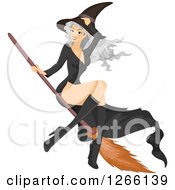 Gray Haired White Witch Woman Flying On A Broomstick