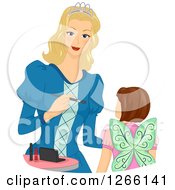 Clipart Of A Blond White Princess Mother Applying Halloween Fairy Make Up On Her Daughters Face Royalty Free Vector Illustration