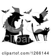 Poster, Art Print Of Black Silhouetted Witch Stirring A Cauldron With Bats A Crow And Cat