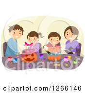 Poster, Art Print Of Brunette Caucasian Family Decorating Halloween Pumpkins Together