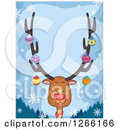 Clipart Of A Red Nosed Reindeer With Baubles On His Antlers Over Blue Text Space Royalty Free Vector Illustration by BNP Design Studio