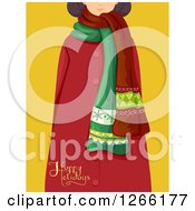 Poster, Art Print Of Girl In A Scarf And Red Coat With Happy Holidays Text Over Yellow