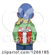 Rear View Of A Boy In Winter Clothes Holding A Christmas Gift Behind His Back