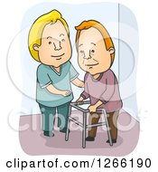 White Male Nurse Cargiving And Helping A Senior Man With A Walker