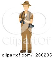 Poster, Art Print Of Blond White Male Safari Man With A Camera Holding Binoculars