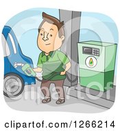 Poster, Art Print Of Brunette White Man Filling Up His Car With Biofuel At A Gas Station