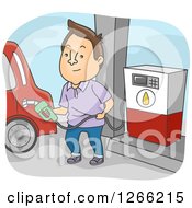 Clipart Of A Brunette White Man Filling Up His Car With Gas At A Station Royalty Free Vector Illustration