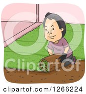 Clipart Of A Happy Asian Man Rolling Sod In A Yard Royalty Free Vector Illustration