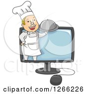 Happy Blond Male Chef Holding A Platter And Emerging From A Computer Screen