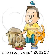 Happy Brunette Male Petsitter With A Bird Cat And Dog