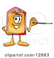 Clipart Picture Of A Price Tag Mascot Cartoon Character Holding A Pointer Stick