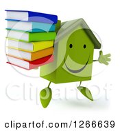 Clipart Of A 3d Happy Green House Character Jumping And Holding A Stack Of Books Royalty Free Illustration by Julos